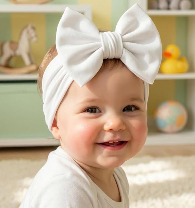 Newborn Baby Girl Headband 0–6 Months – Soft Cotton Big Bow Headband for Infants, Stretchy Baby Hair Band, 4.3" (11 cm) Bow, 2.4" (6 cm) Band (Soft White, 0-6 Month)