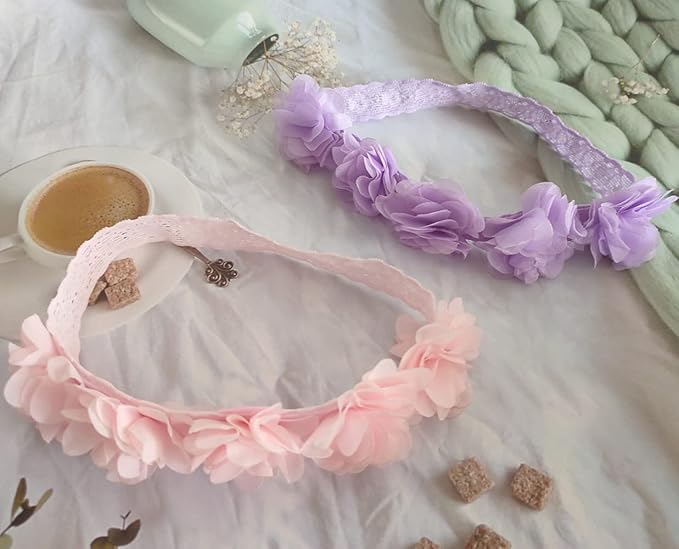Jilukibo Baby Elastic Lace Bows Flower Headbands, Stretch Gold Princess Floral Hair Band Headwear for Infant Girls Toddler Hair Accessories (2 Pack, Purple Pink)