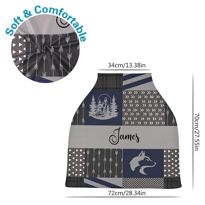 Multi-Use Baby Boy Car Seat Cover Personalized, Customized Woodland Wolf Nursing Cover with Name, Breathable Breastfeeding Covers Soft Infant Stroller Canopy, Shower Gift for Newborn Babies