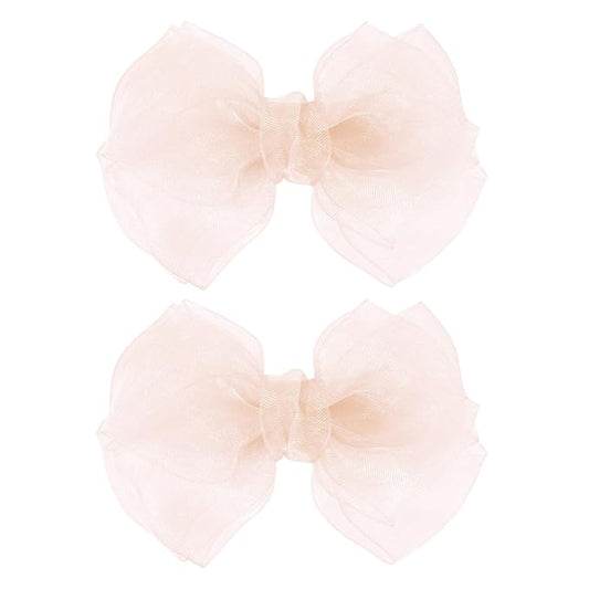 4-Inch Organza Double Hair Bows Alligator Clips 2PCS Nude Colors Mesh Ribbon Tulle Decorative Hair Bow Barrettes New Year Party Dress Accessory for Toddler Girls Children Teens
