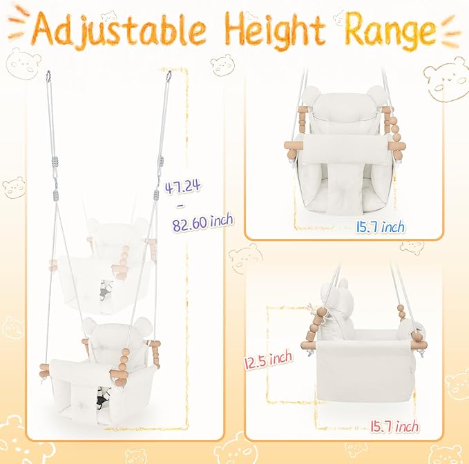 Baby Swing Indoor Outdoor,Secure Canvas Wooden Toddler Swing Seat, 3-Point Adjustable Safety Harness,Mounting Hardware Included,Gift for Boys and Girls,Beige