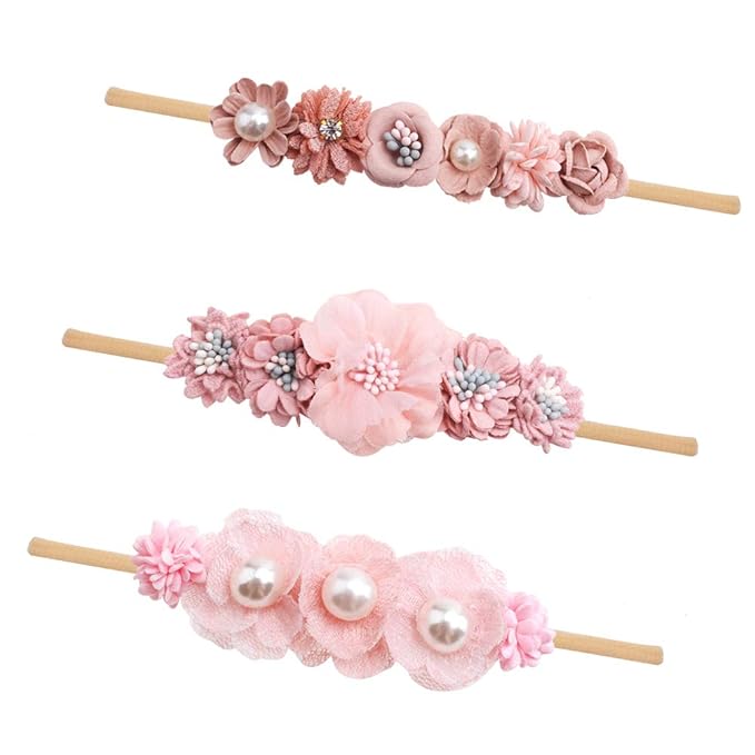 cherrboll 3pcs Baby Girl Flower Headbands, Super Soft & Stretchy Nylon Floral Hairbands for Newborn Toddler