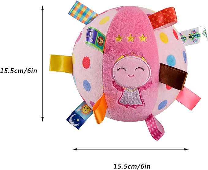Baby Colorful Tag Ball - Soft Plush Rattle Ball Toy for Early Educational, Stuffed Animal Multi Sensory Toy for Baby Kids Toddlers Infants, Ribbon Tag Ball