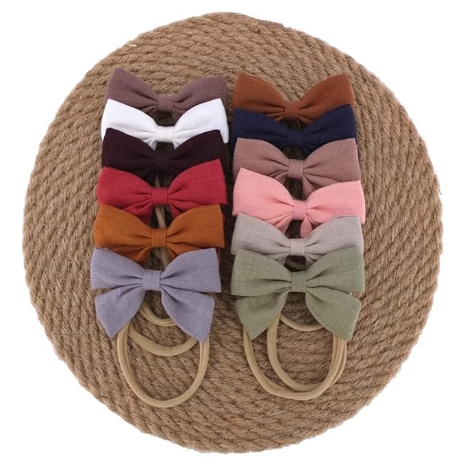 Sugarmelon Linen Bow Nylon Headband for Baby Newborn Infant Toddler Hair Bow Elastic Bands for Baby Girls Little Kids Headbands (Linen Sailor bow 3.2'')