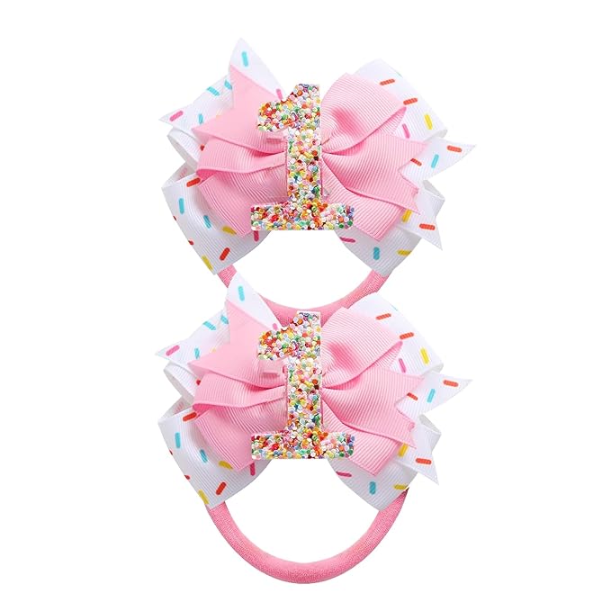 Birthday Hair Bow for Baby Girls - 2Pc Pink Sprinkle Bow Hair headband for 1st Birthday Glitter Ice Cream Baby Bow Party Decorations for Girls Toddlers Hair Accessories (Pink-1 Years-headbands)