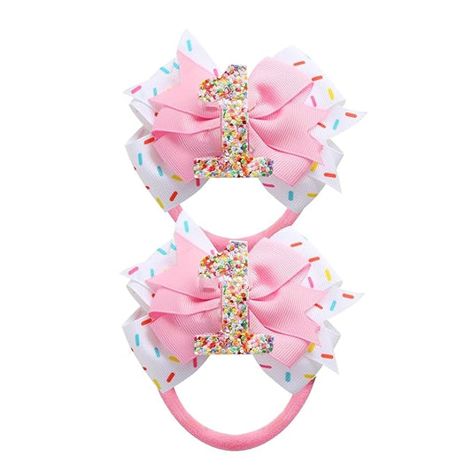 Birthday Hair Bow for Baby Girls - 2Pc Pink Sprinkle Bow Hair headband for 1st Birthday Glitter Ice Cream Baby Bow Party Decorations for Girls Toddlers Hair Accessories (Pink-1 Years-headbands)