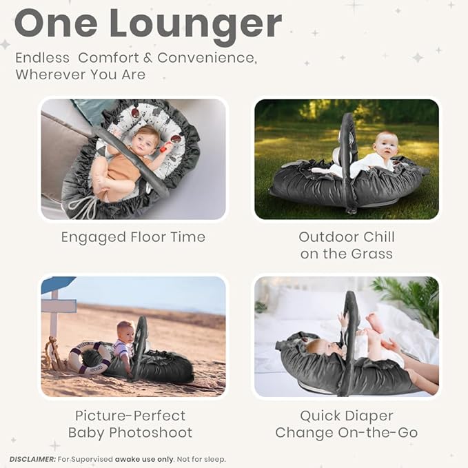 Newborn Lounger Bunny Gray - Flexible & Portable w/Infant Support Cushion, Soft & Breathable 100% Cotton - Multi-Use Supervised Baby Lounger for Floor, Travel, Changing Mat Alternative - Premium