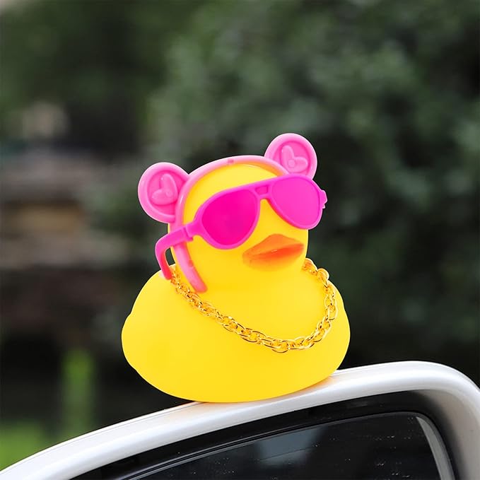 wonuu Car Duck Rubber Duck Car Ornaments Duck Car Dashboard Decorations with Cute Headband Swim Ring Necklace Sunglasses, B-Pink O Bunny Headband
