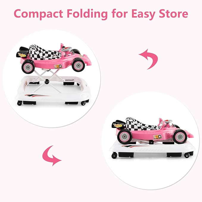 INFANS Foldable Baby Walker, 3 in 1 Toddler Activity Center Leaning-Seated Walk-Behind with Steering Wheel, Adjustable Height, Lights, Music, Washable Seat Cushion (Pink)