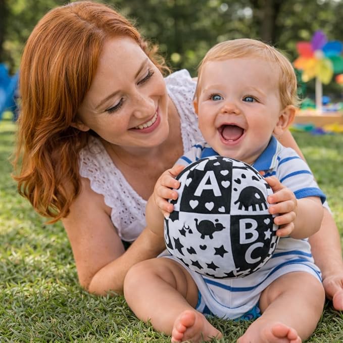 Balibazoo Double-Sided Soft Activity Ball for Babies 0-36M - High-Contrast Black & White + Colorful Numbers & ABC | Jingle Bell Sound | Educational Sensory Learning Toy | Grows with Baby | Infant Gift