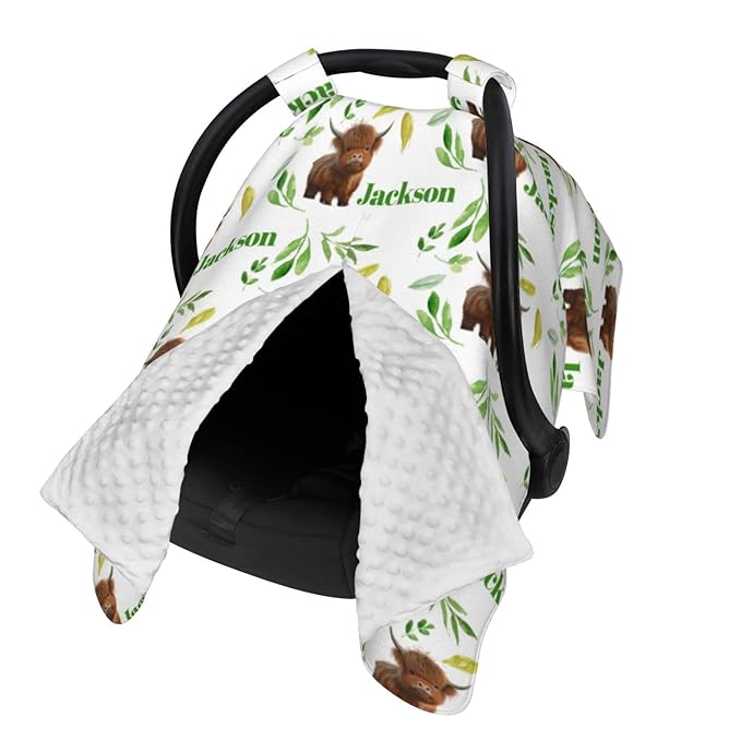 Personalized Baby Car Seat Canopy for Baby with Name, Custom Car Seat Covers for Boy Girl, Infant Opening Minky Nursing Breastfeeding Stroller Cover Carseat Canopies for Newborn (Cute Cow High Land)