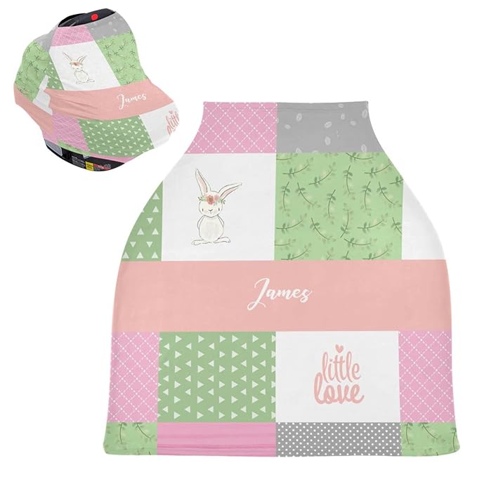 Personalized Baby Car Seat with Name for Girls, Custom Cute Rabbit Car Seat Canopy, Customized Nursing Breastfeeding Cover Infant Carseat Canopies for Newborn Babies