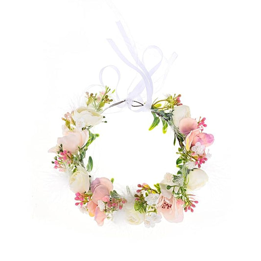 Baby Girls Flower Crown Flower Girl Headpiece boho Little Wreaths for Weddings, Family photography (Pink White)