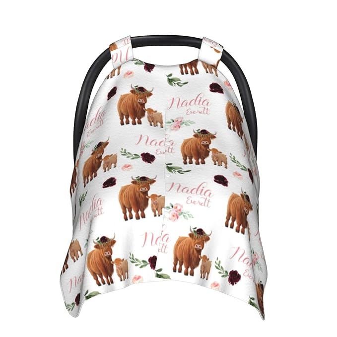 Personalized Baby Car Seat Canopy for Babies, Custom Name Baby Car Seats Covers for Girls, Opening Minky Nursing Breastfeeding Cover for Infant, Carseat Canopies for Newborn (High Land Cow Floral)