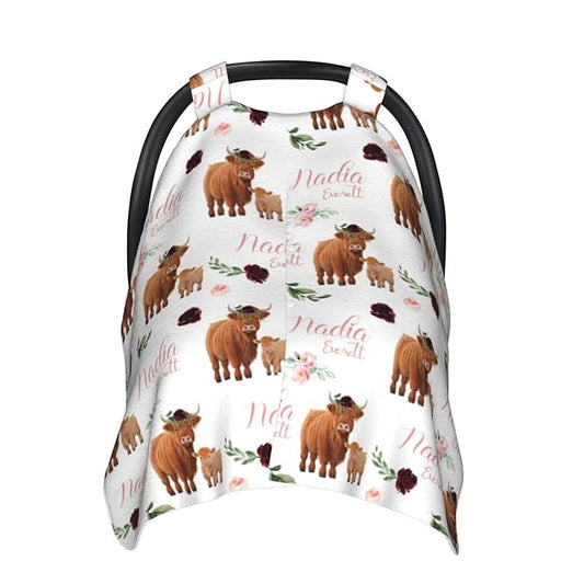 Personalized Baby Car Seat Canopy for Babies, Custom Name Baby Car Seats Covers for Girls, Opening Minky Nursing Breastfeeding Cover for Infant, Carseat Canopies for Newborn (High Land Cow Floral)