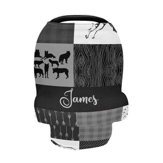 Personalized Car Seat Covers with Name- Customized Nursing Cover- Breast Feeding Essentials & Baby Necessities- Stroller Carseat Canopy for Infant Boys Newborn, Woodland Wolf