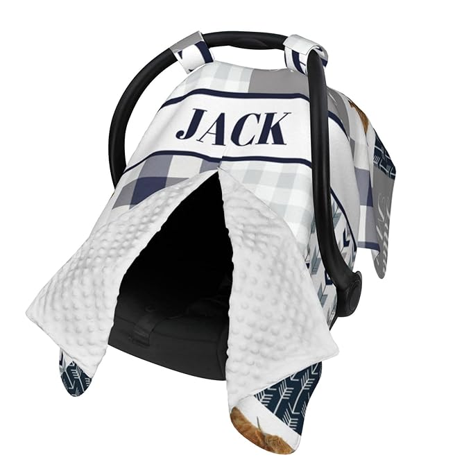 Personalized Baby Car Seat Canopy for Babies, Custom Name Car Seat Covers for Boys and Girls, Opening Minky Nursing Breastfeeding Cover for Infant, Carseat Canopies for Newborn (High Land Cow Blue)