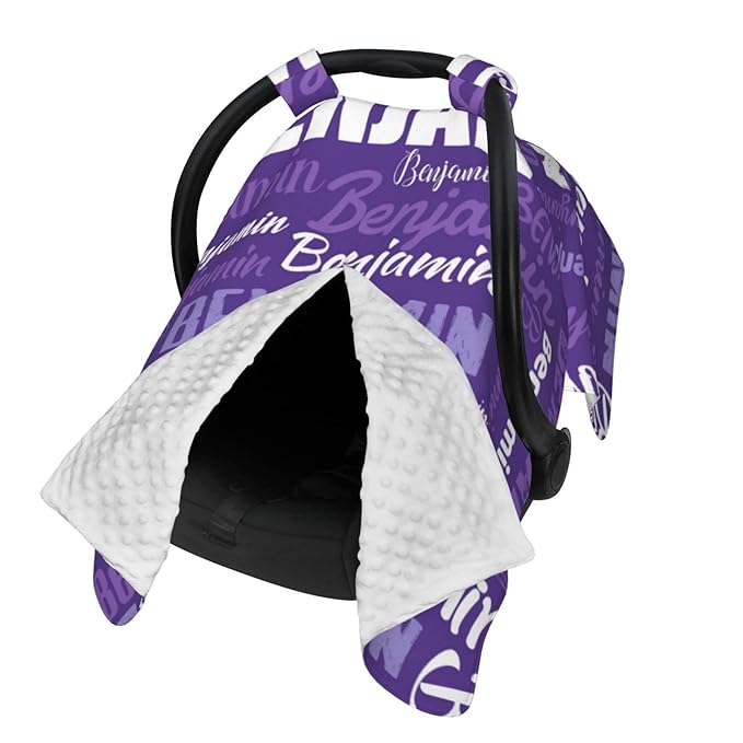 Personalized Baby Car Seat Canopy for Babies, Custom Name Baby Car Seats Covers for Girls Boys, Opening Minky Nursing Breastfeeding Cover for Infant, Carseat Canopies for Newborn (Purple)