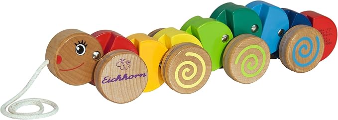 Eichhorn 100003447 Nachziehtier-100003446 Pull-Along Caterpillar with Movement, 32 cm Long, Beech Wood, Colourful