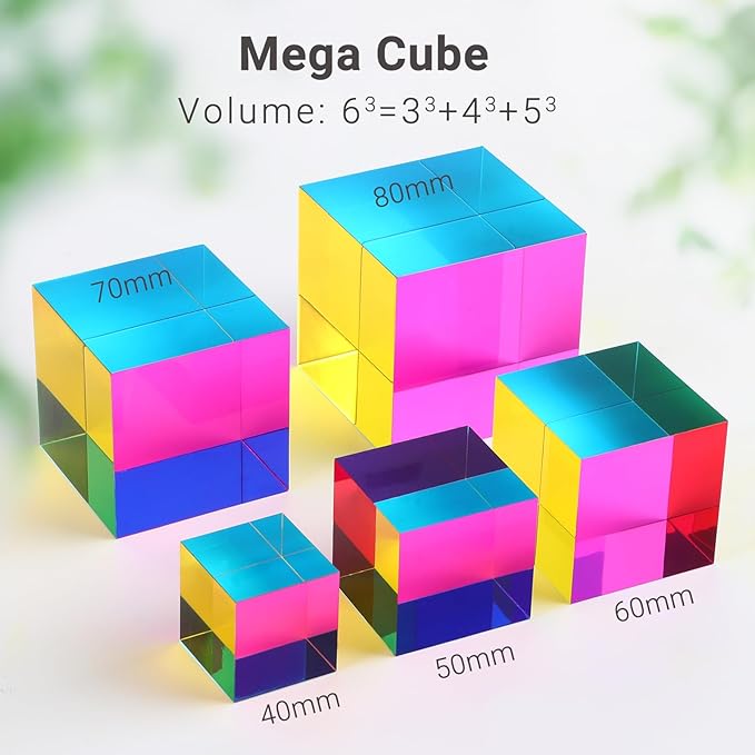 iKeelo Color Cube (80mm) with Stand - Mega Cube in Cyan, Magenta and Yellow - Mesmerizing Acrylic Prism for Desk Decor, A Fun Conversation Starter
