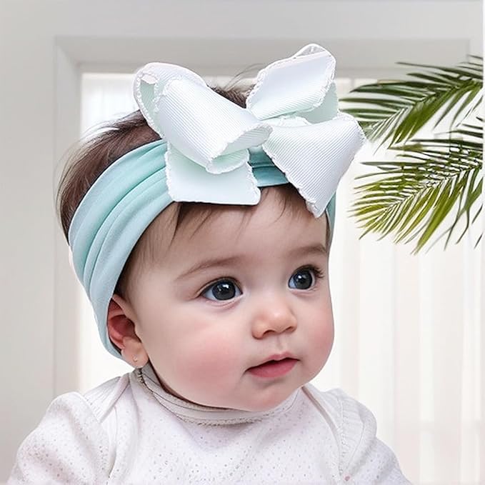Baby Girl Soft Nylon Bow Elastic Headband Turban Toddler Infant Bow-knot Stretchy Hair Band Birthday Party Hair Bow Ribbon Accessories for Newborn Baby (Bow 1 - Green, Elastic)