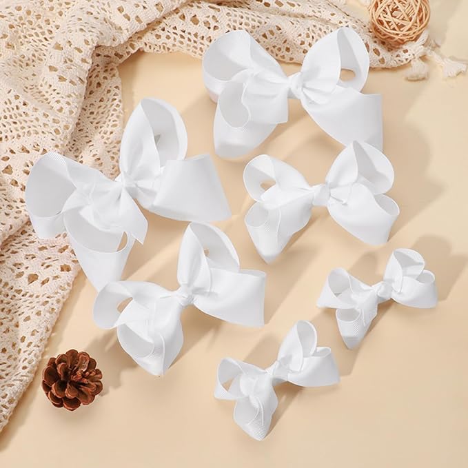 Hair Bows for Girls Alligator Clips White Grosgrain Ribbon Solid Color Hair Accessories for Little Teen Toddler Girls Kids (6inch ×2, 4inch ×2, 3inch ×2)