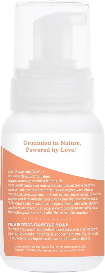 Earth Mama Sweet Orange Baby Liquid Wash Foaming Hand Soap, Organic All Purpose Body Wash for Sensitive Skin, Castile Soap with Coconut Oil, Shea Butter, Calendula, & Aloe, 6.27 fl oz