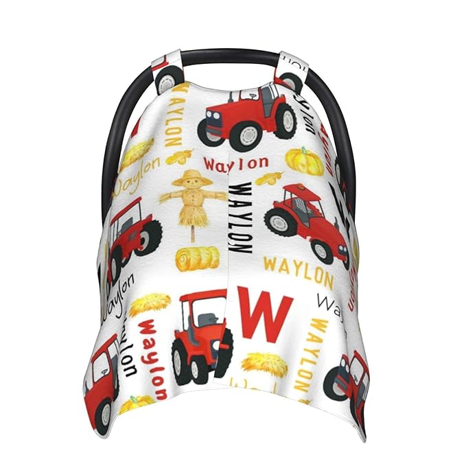 Personalized Red Tractor Baby Car Seat Cover for Boys, Custom Strollers Carseat Canopy with Name, Nursing Covers for Breastfeeding, Multiuse Car Seat Canopies for Newborn Infant