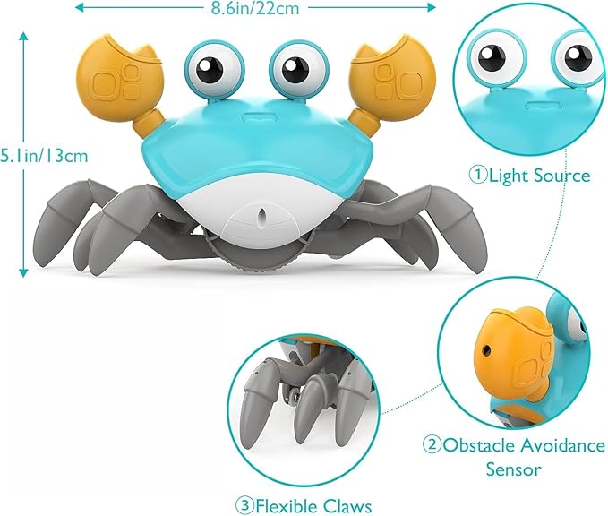 PintreeLand Crawling Crab Baby Toys Upgrade Version - 3 Speed & Music Control, Infant Tummy Time Interactive Walking Toddler Toy for 3 4 5 6 7 8 9 10 11 12 Year Old Boys or Girls (Blue)