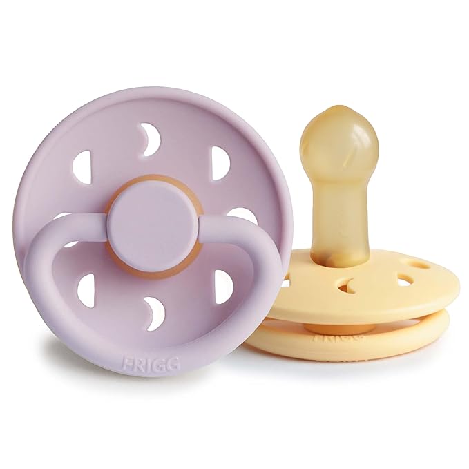 FRIGG Moon Natural Rubber Baby Pacifier | Made in Denmark | BPA-Free (Soft Lilac/Daffodil, 6-18 Months) 2-Pack