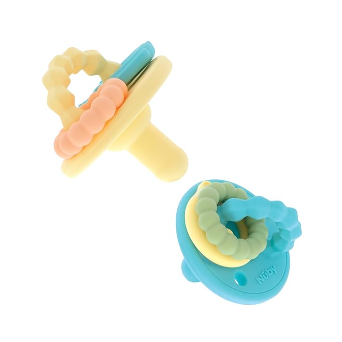Nuby Charms Silicone Infant Pacifier and Teether - 2 Pack - 0+ Months - Yellow and Blue