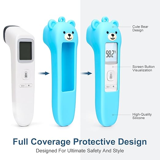 Cute Bear Silicone Thermometer Case Compatible with GoodBaby No-Touch Thermometer, Soft Anti-Drop Protective Cartoon Animal Cover Helps Calm Babies During Temperature Checks - Blue