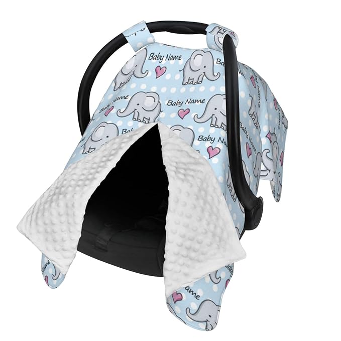 Personalized Elephant and Heart Baby Infant Car Seats Canopy for Babies with Name, Custom Car Seat Covers for Baby Boys Girls, Peekaboo Minky Nursing Breastfeeding Stroller Canopies for Newborn