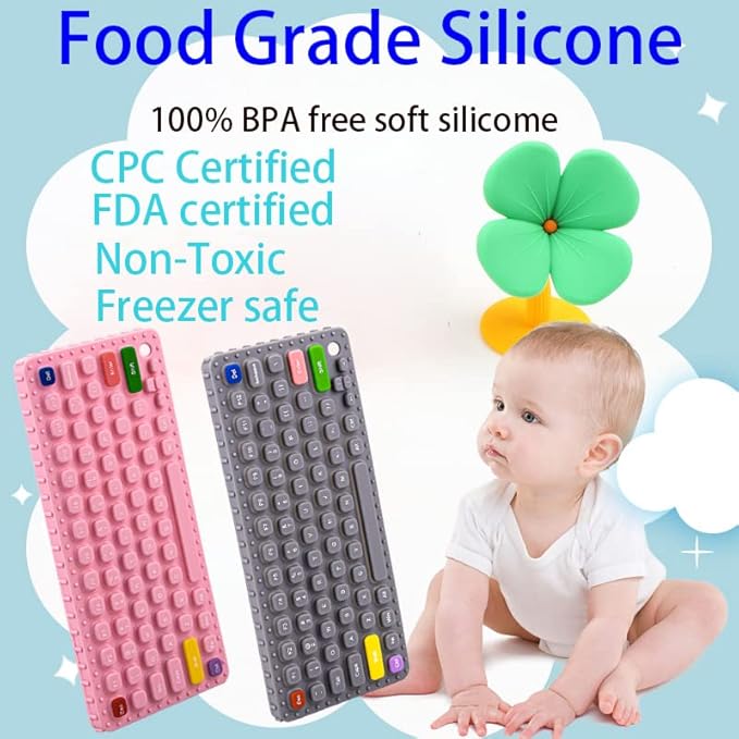 Keyboard Shape Teething Toys，Silicone Baby Teether Toys with Pacifier Clip for Babies 0-3 Months 3-6 Months,Baby Chew Toys Sensory Toys for Babies 6-36 Months(Gray)