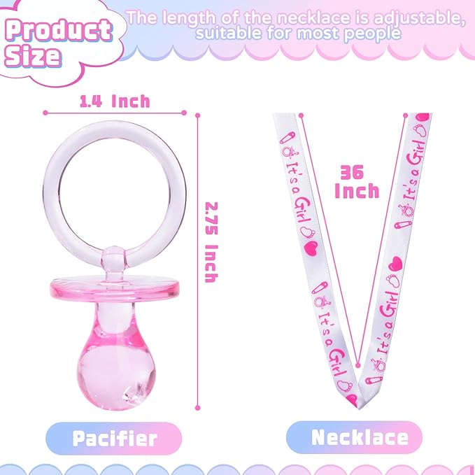 72 Acrylic Pacifier Necklace for Baby Shower Boys & Girls Party Favors, Gender Reveal Party Table Scatter/Necklace Game (Blue & Pink)