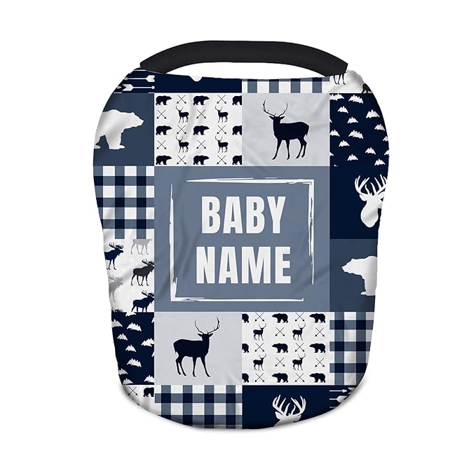 Personalized Baby Car Seat Covers with Name, Custom Nursing Cover Breastfeeding for Babies, Carseat Canopy for Boys, Infant Stroller Cover, Breathable Carseats Cover(Blue Woodland)
