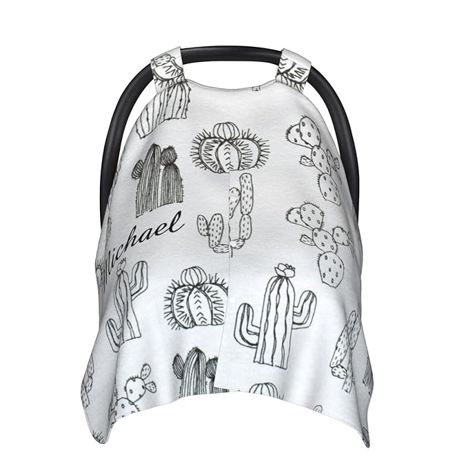 Personalized Cactus Gray Baby Infant Car Seats Canopy for Babies with Name, Custom Multi-use Blankets for Baby Boys Girls, Peekaboo Minky Nursing Breastfeeding Stroller Cover Canopies for Newborn