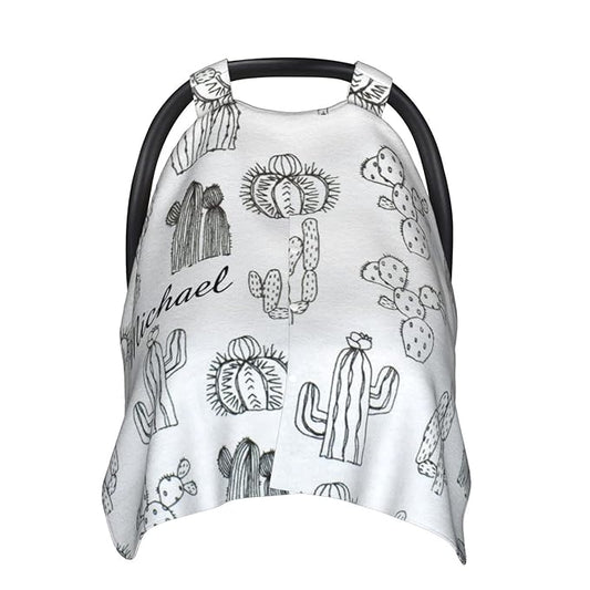 Personalized Cactus Gray Baby Infant Car Seats Canopy for Babies with Name, Custom Multi-use Blankets for Baby Boys Girls, Peekaboo Minky Nursing Breastfeeding Stroller Cover Canopies for Newborn