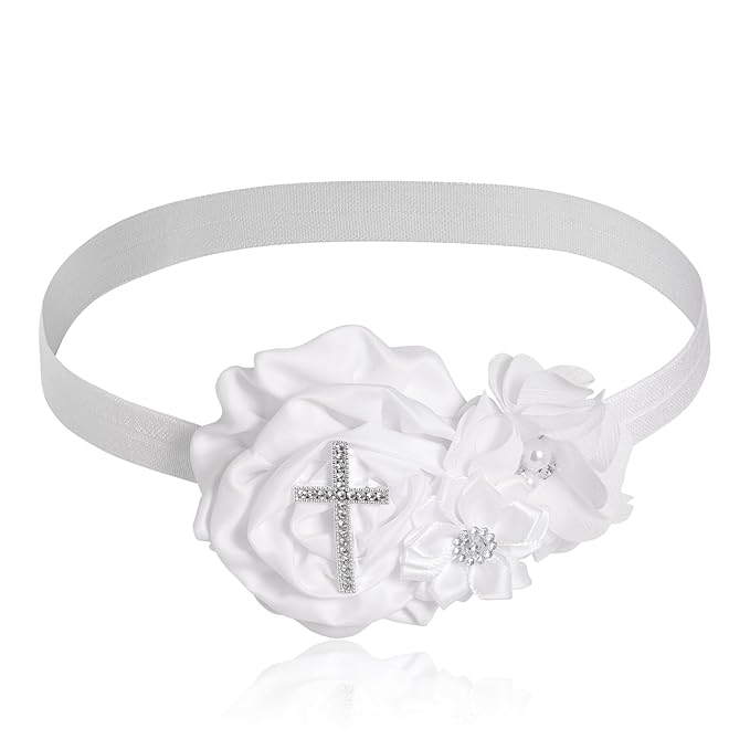 2 Pcs Baby Girls Baptism Christening Headbands Newborn Infant Toddlers Flower Crown Lace Bow Hairband (Cross Rhinestone)