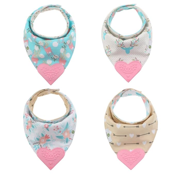 Reversible Baby Teething Bibs - Attached Pink Heart Teether - Boho Antler - Set of 2