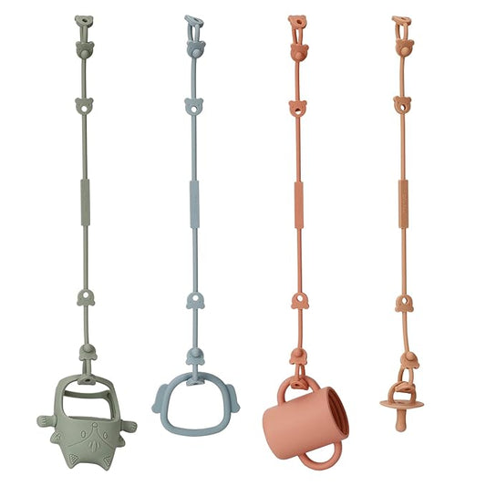 4 Pack Toy Safety Straps, Stretchable Silicone Pacifier Chains, Adjustable Baby Bottle Toy Teethers Harness Strollers Straps for High Chair, Hanging Baskets, Cribs, Car Seat, Shopping Trolley