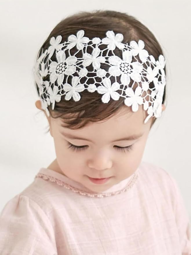 Baby Girls Flower Headbands Cute Kids Christening Headband Soft Lace Hairbands Floral Crown Newborn Infant Toddlers Hair Accessories for Birthday Party Photography(Beige Flowers)