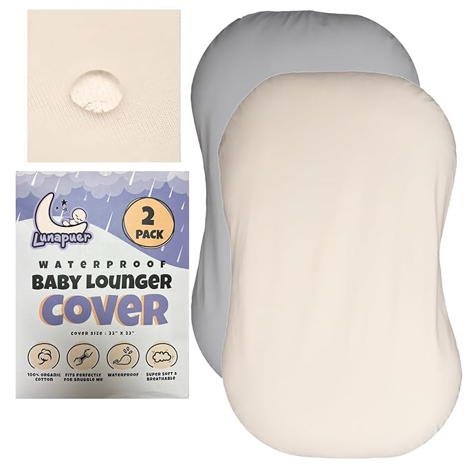 100% Waterproof Baby Lounger Cover - 2-Ply Organic Cotton Slipcovers Keep Your Lounger Clean & Your Baby Comfy - Machine Washable - (Lounger Not Included) - 2-Pack Includes Gray & Off-White