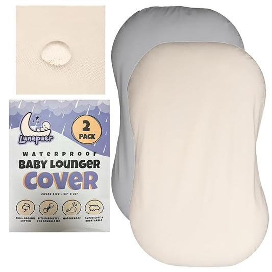100% Waterproof Baby Lounger Cover - 2-Ply Organic Cotton Slipcovers Keep Your Lounger Clean & Your Baby Comfy - Machine Washable - (Lounger Not Included) - 2-Pack Includes Gray & Off-White