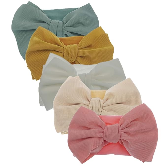 KIDOCHEESE Hairband - Soft Nylon Hairbands with Bows for Baby Girl, 5 Count (Pack of 1), Different Solid Colors, Adjustable Size, Perfect for Baby Shower, Christmas, and Other Occasions