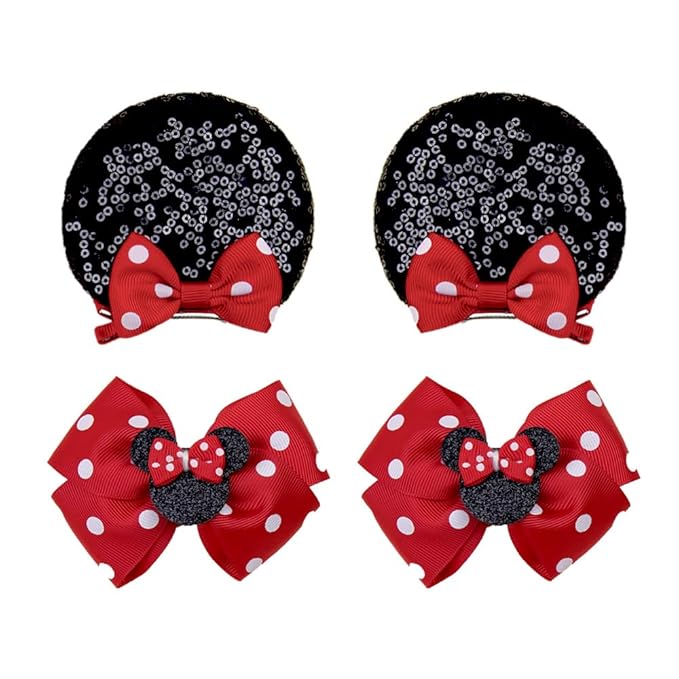 2 Pairs Red Dot Mouse Ears Hair Clips & Mouse Hair Bows Barrettes for baby Girls Accessories Birthday Party Decorations Gift