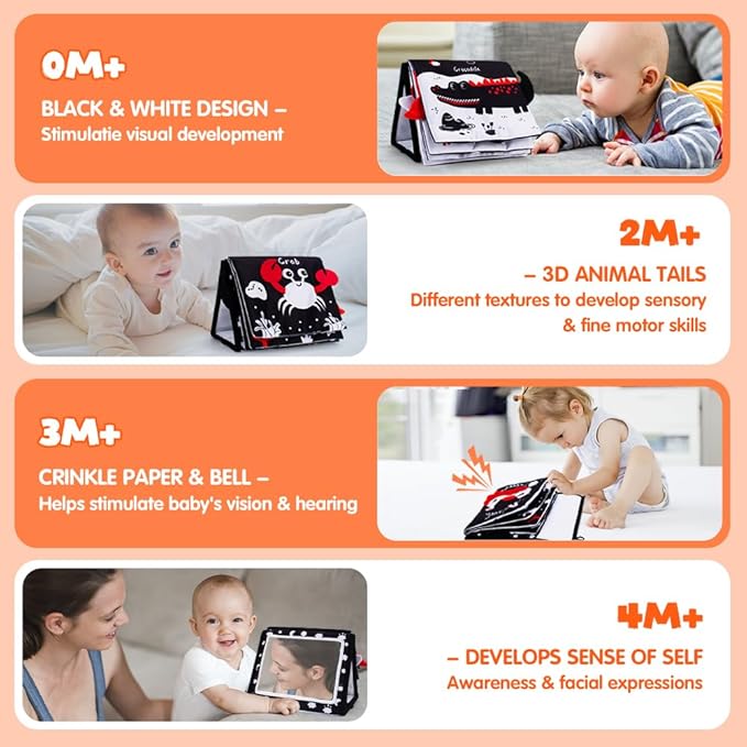 Black and White Baby Books for Newborn, Tummy Time Mirror, Baby Mirror Infant Toys with Soft Cloth Book, High Contrast Baby Toys, 3D Activity Crinkle Pages Sensory Tummy Time Toys for Babies