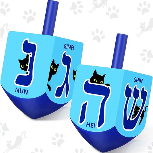 Wonderjune 2 Pcs Hanukkah Dreidels Extra Large Wooden Dreidel for Hanukkah Decoration with English Transliteration, Forever Spinning Tops Party Favors(Cat)
