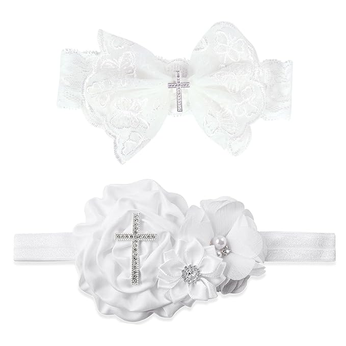 2 Pcs Baby Girls Baptism Christening Headbands Newborn Infant Toddlers Flower Crown Lace Bow Hairband (Cross Rhinestone)