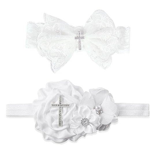2 Pcs Baby Girls Baptism Christening Headbands Newborn Infant Toddlers Flower Crown Lace Bow Hairband (Cross Rhinestone)